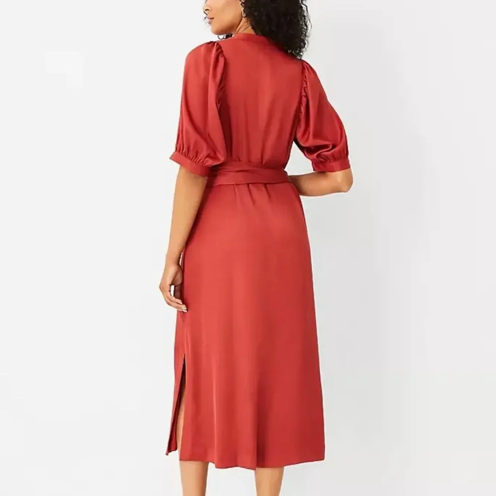 Ann Taylor Puff Sleeve Tie Waist Shirtdress In Bronze Red V-Neck Size Small - Picture 3 of 14